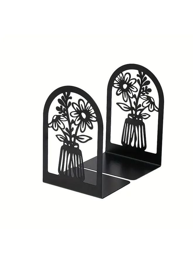 Oil Xiaoju Black Heavy Duty Metal Bookends Set Floral Arch Design Sturdy A Frame Shelf Supporters - Image 1